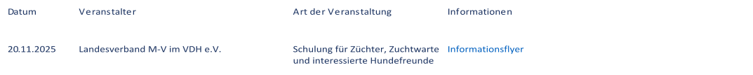 Datum Veranstalter Art der Veranstaltung Informationen 20.11.2025 Landesverband M-V im VDH e.V. Schulung für Züchter, Zuchtwarte und interessierte Hundefreunde Informationsflyer